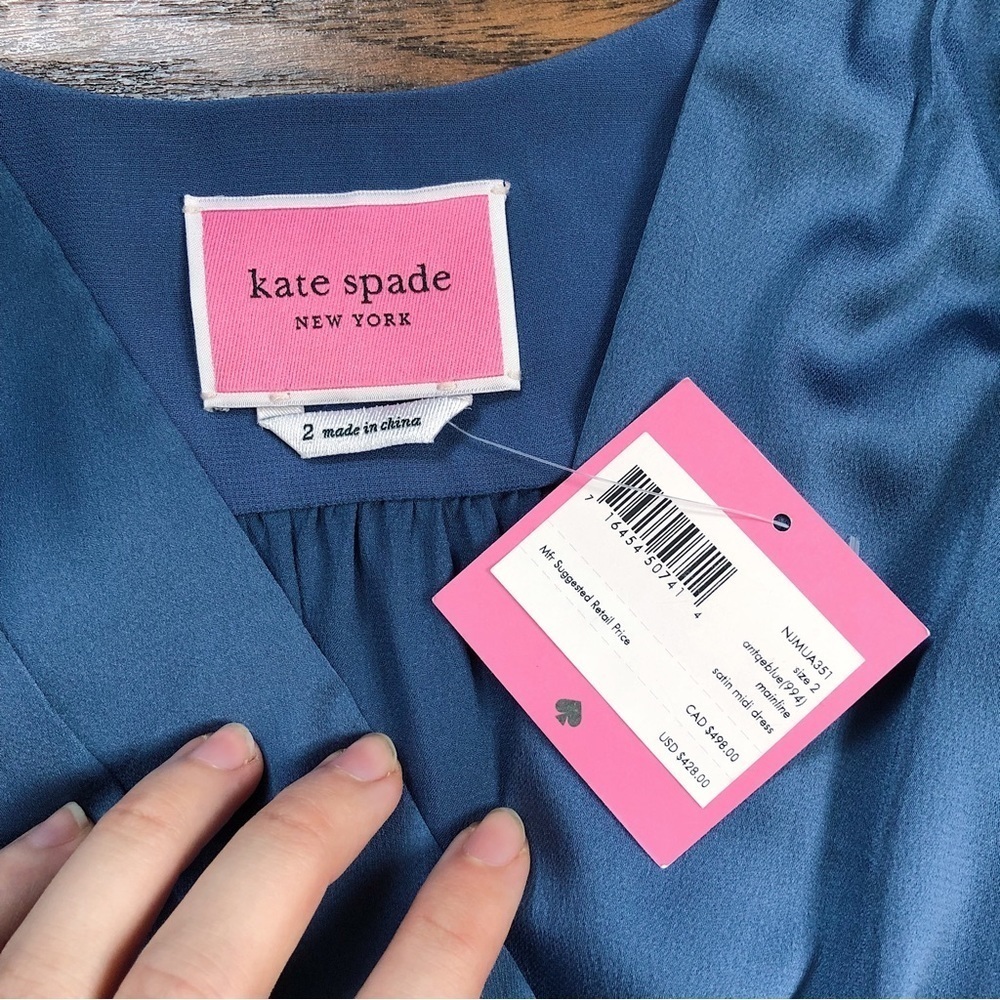 Kate Spade • Belted Satin Midi Dress ruffle trim short sleeve Antique Blue - Picture 4 of 16